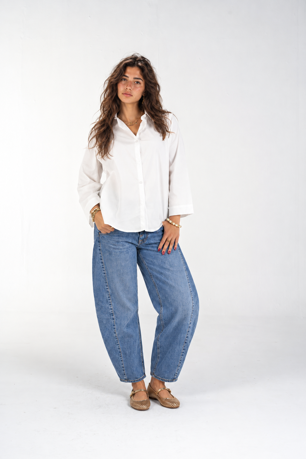 Relaxed Buttoned-Up Shirt with Bell Sleeves (White)