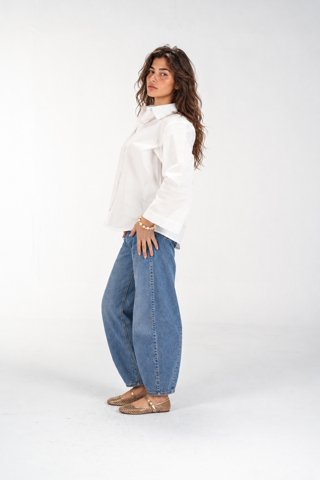 Relaxed Buttoned-Up Shirt with Bell Sleeves (White)