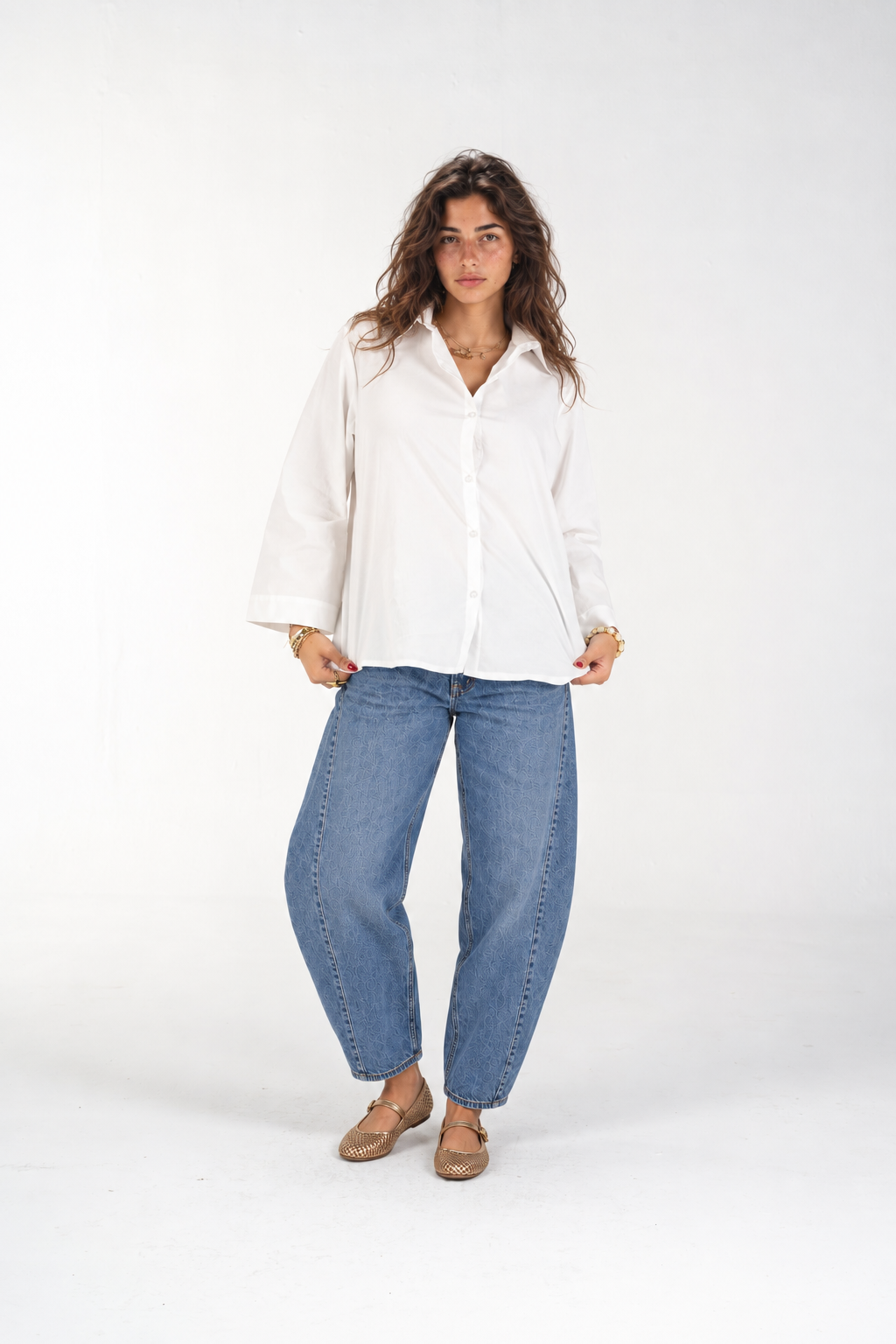 Relaxed Buttoned-Up Shirt with Bell Sleeves (White)