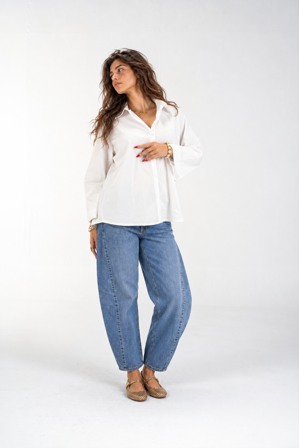 Relaxed Buttoned-Up Shirt with Bell Sleeves (White)
