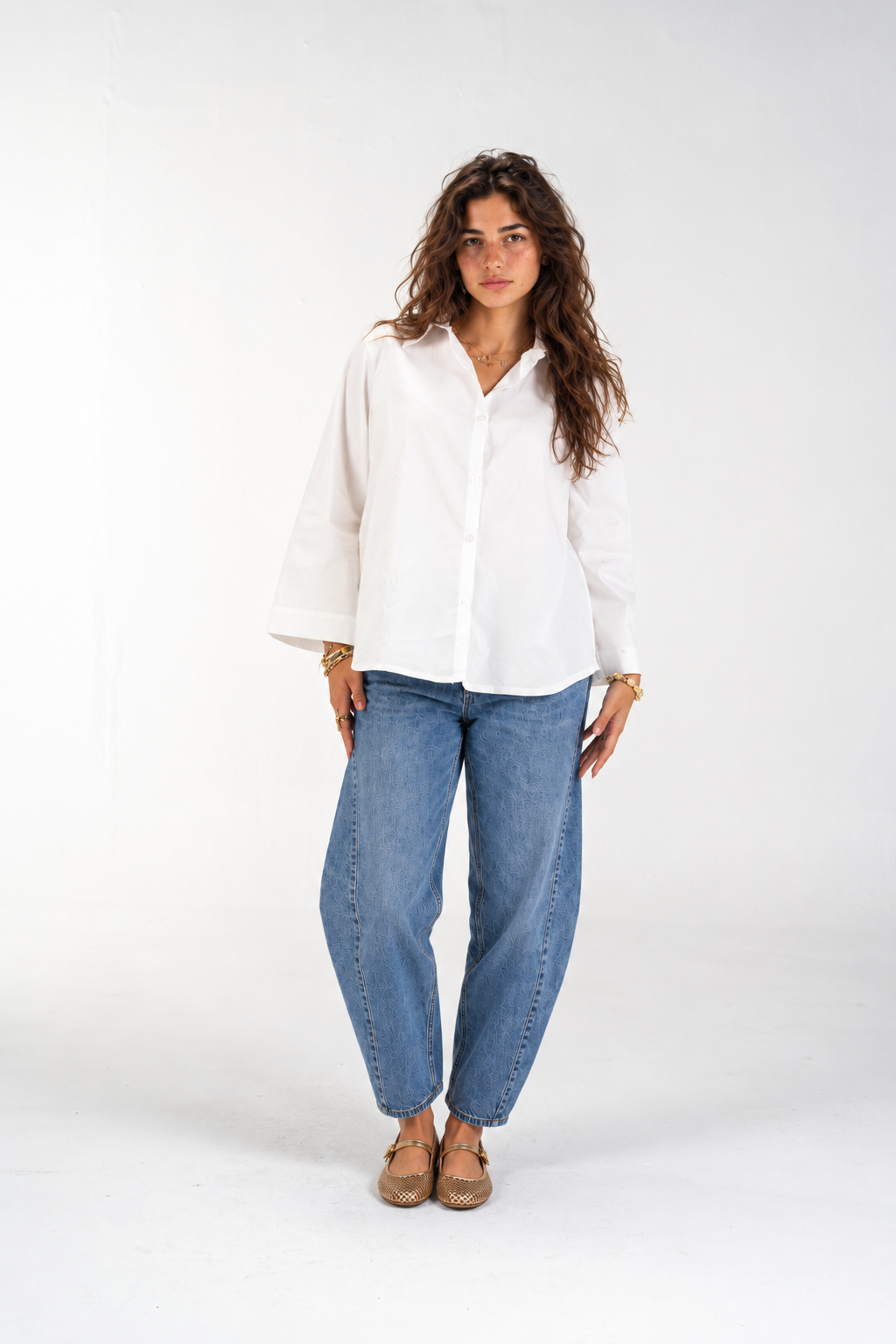 Relaxed Buttoned-Up Shirt with Bell Sleeves (White)