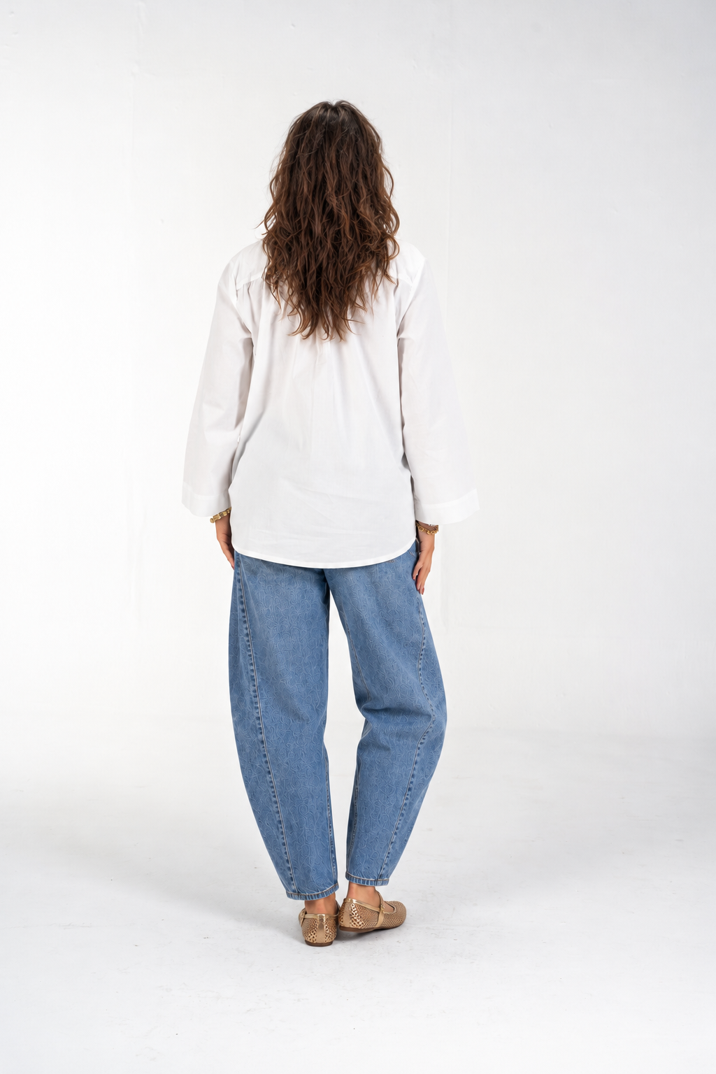 Relaxed Buttoned-Up Shirt with Bell Sleeves (White)