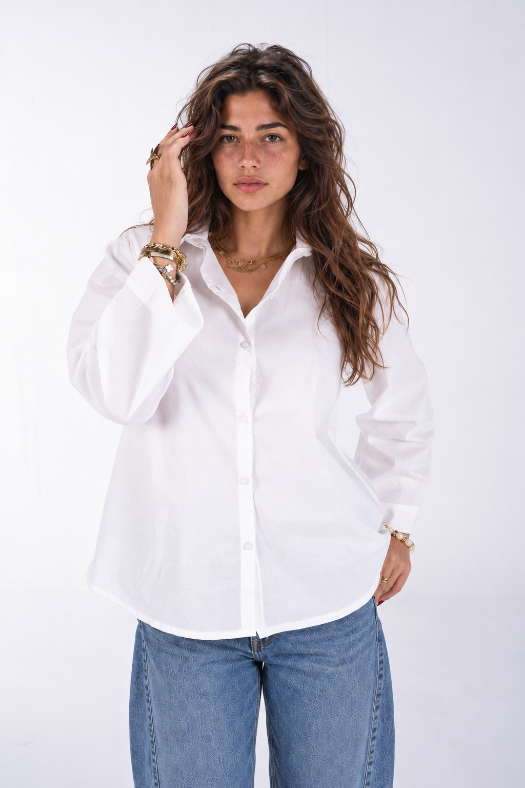 Relaxed Buttoned-Up Shirt with Bell Sleeves (White)