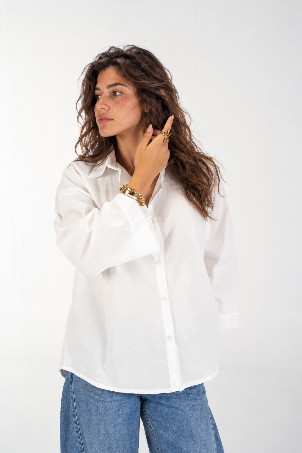 Relaxed Buttoned-Up Shirt with Bell Sleeves (White)