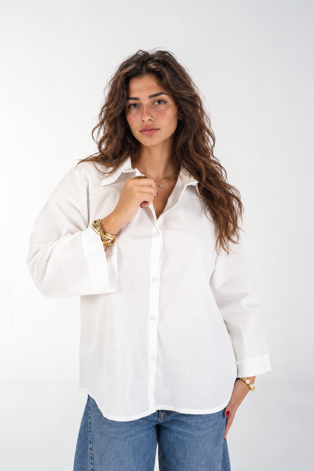 Relaxed Buttoned-Up Shirt with Bell Sleeves (White)