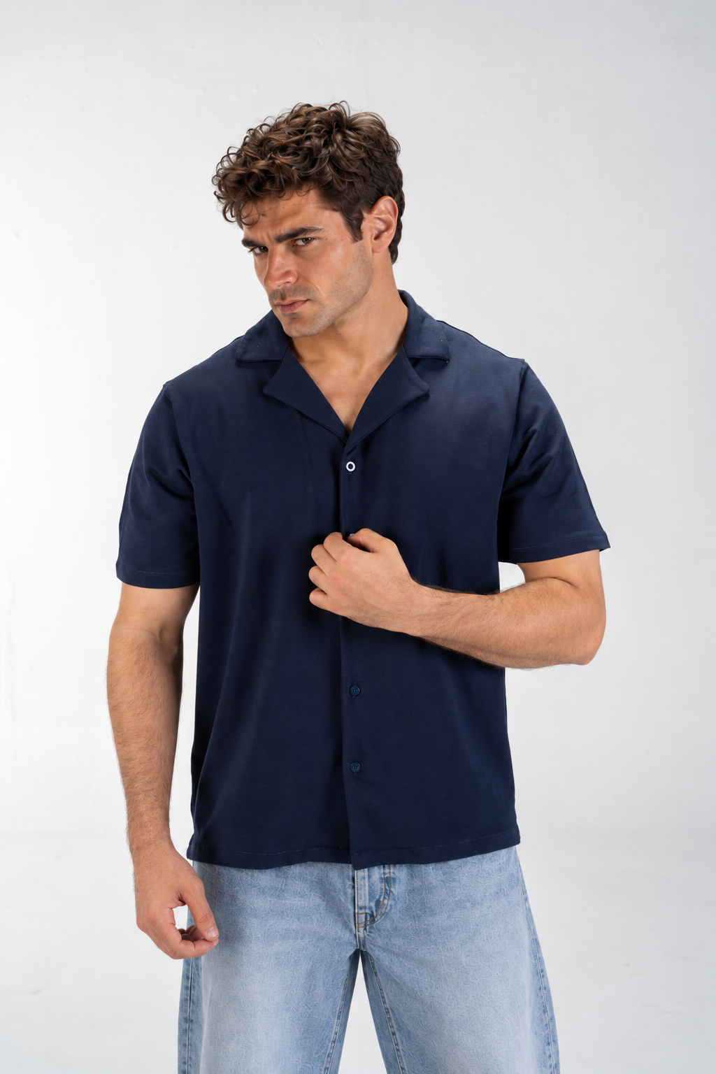 Casual Button-Up Shirt (Navy Blue)