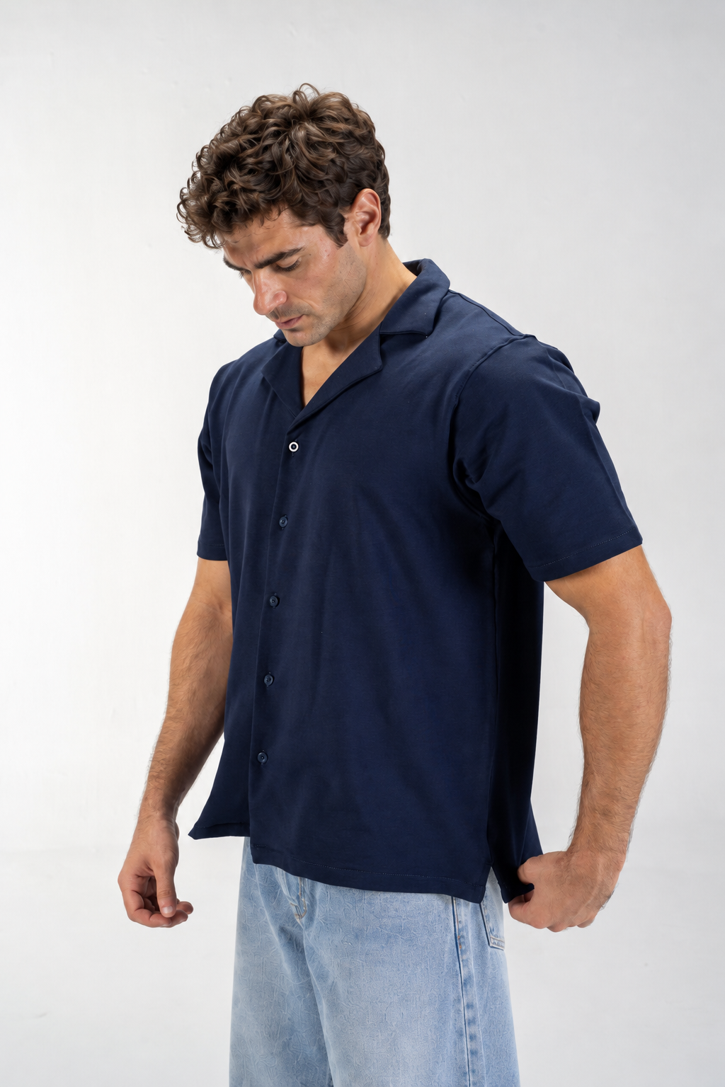 Casual Button-Up Shirt (Navy Blue)