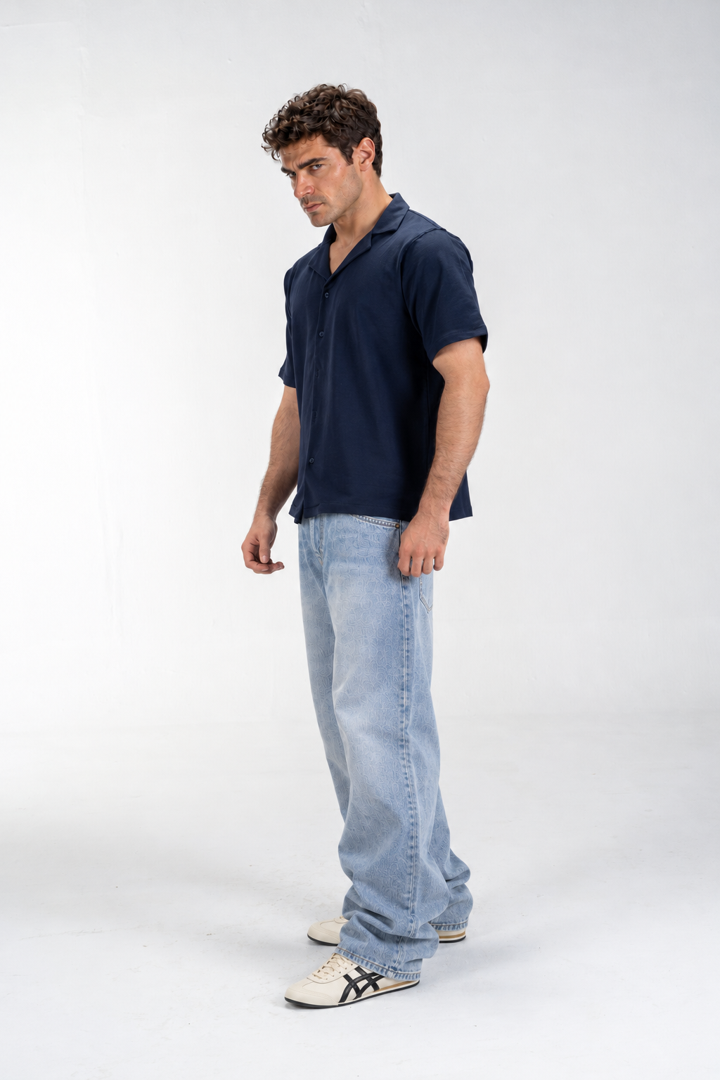 Casual Button-Up Shirt (Navy Blue)