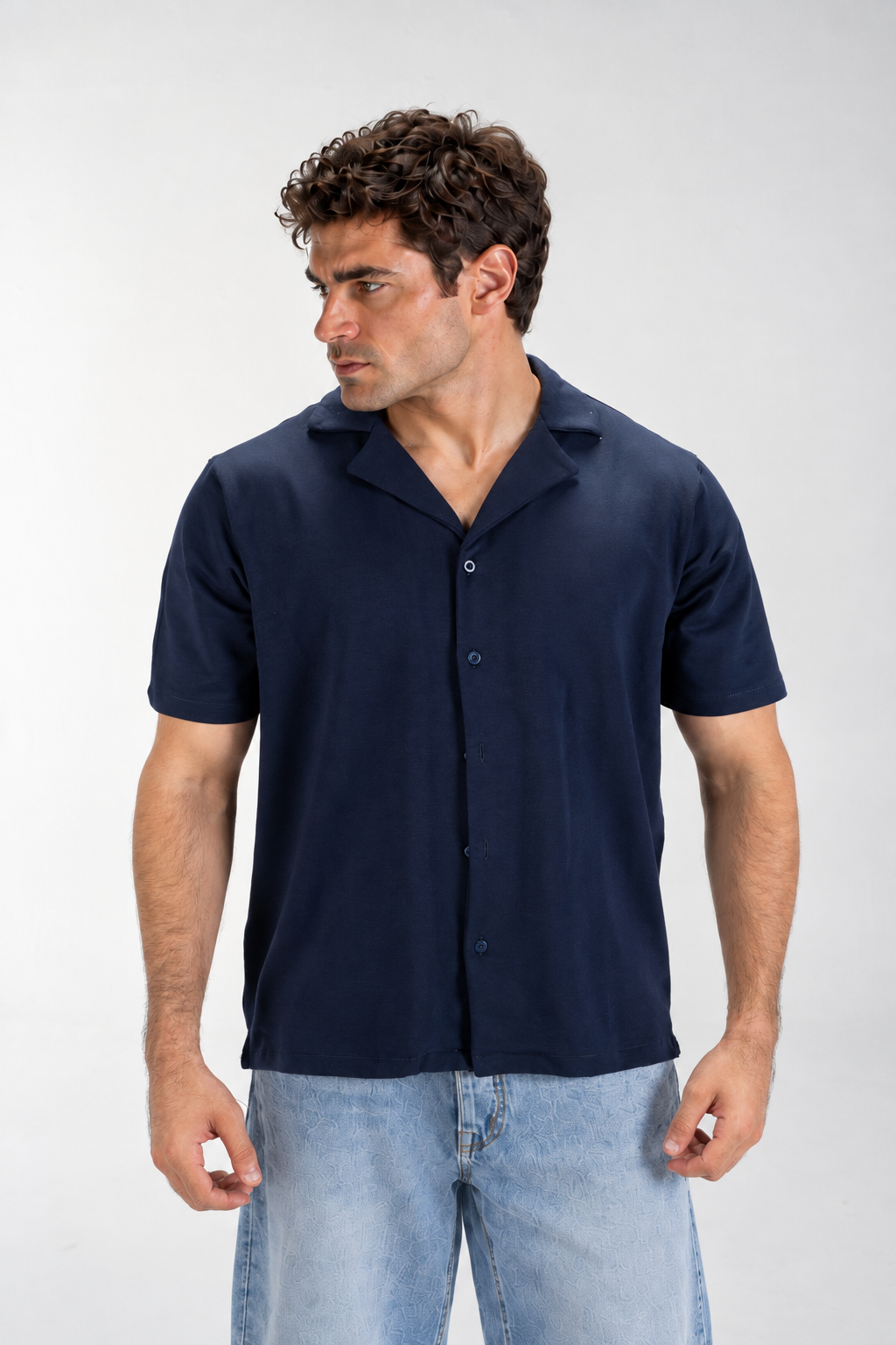 Casual Button-Up Shirt (Navy Blue)