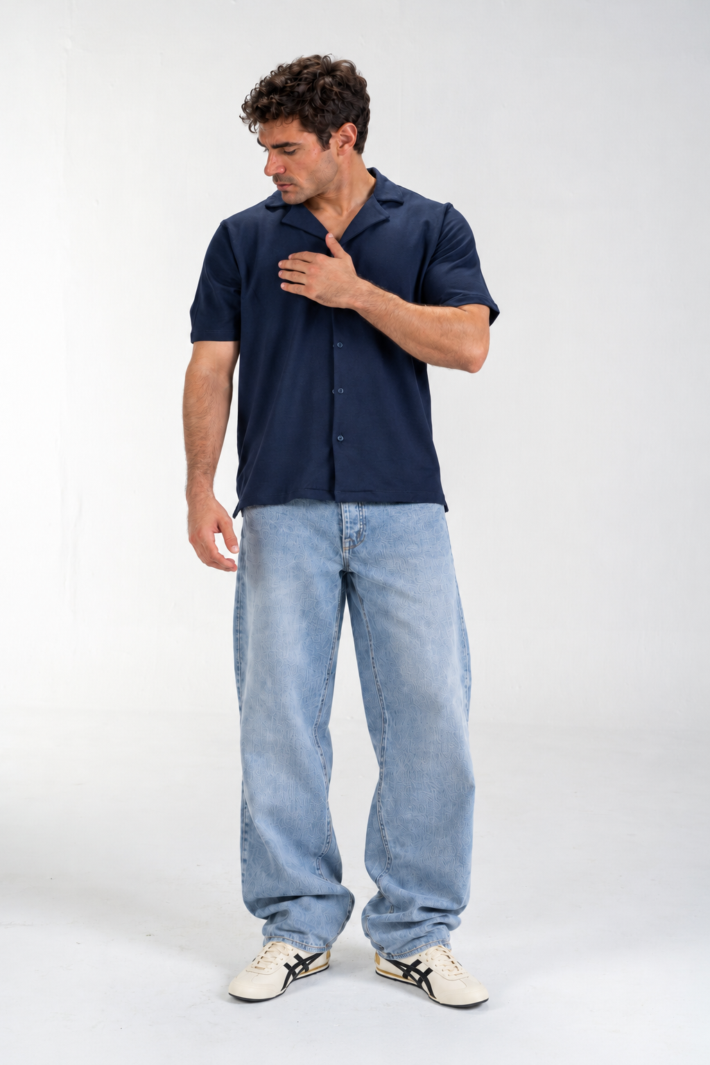 Casual Button-Up Shirt (Navy Blue)