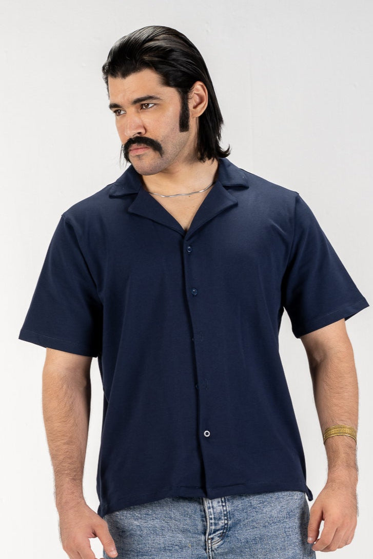 Casual Button-Up Shirt (Navy Blue)
