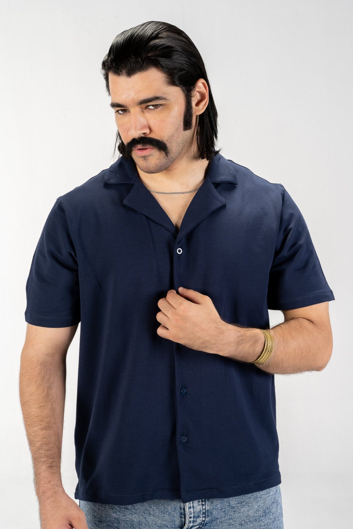 Casual Button-Up Shirt (Navy Blue)
