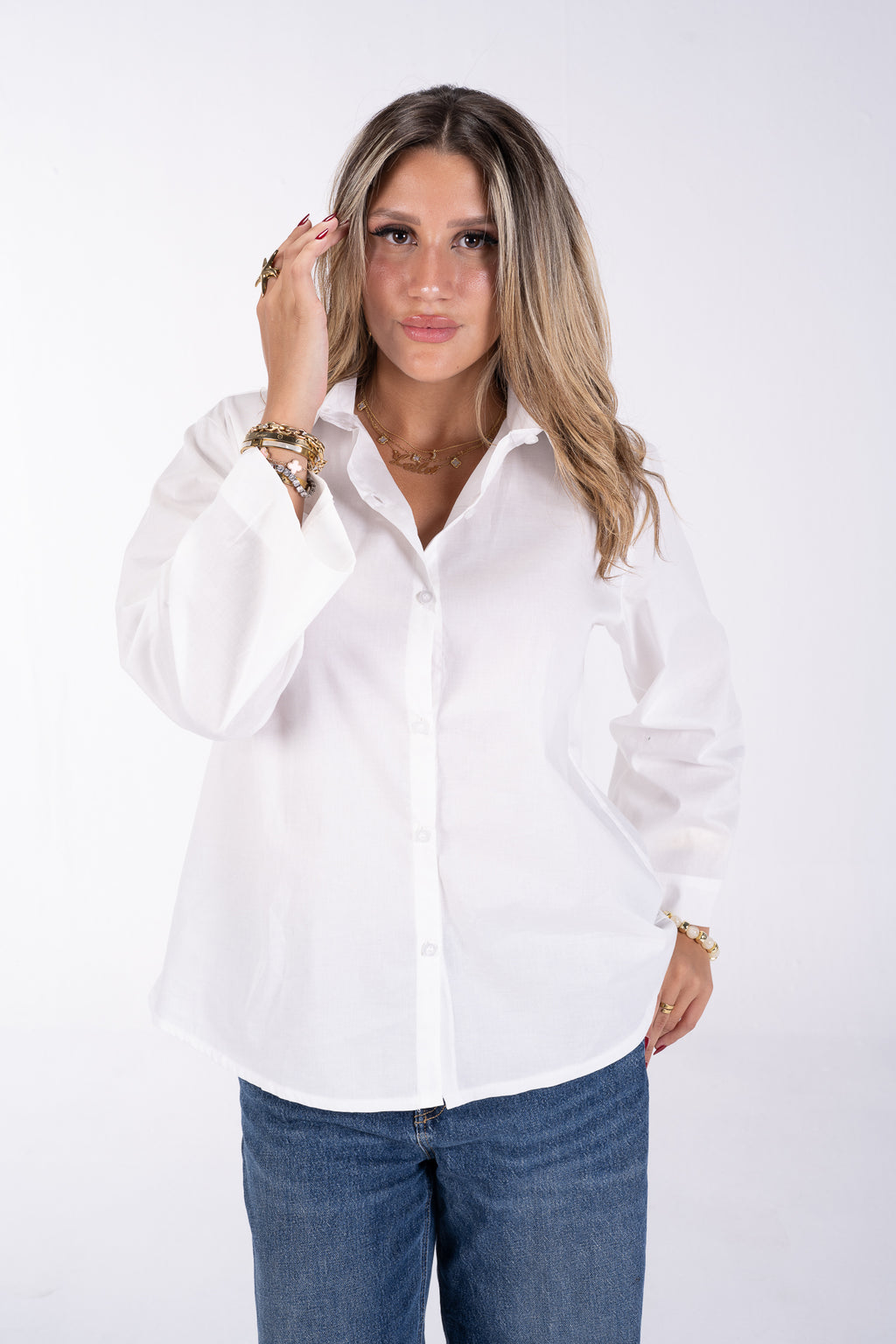 Relaxed Buttoned-Up Shirt with Bell Sleeves (White)