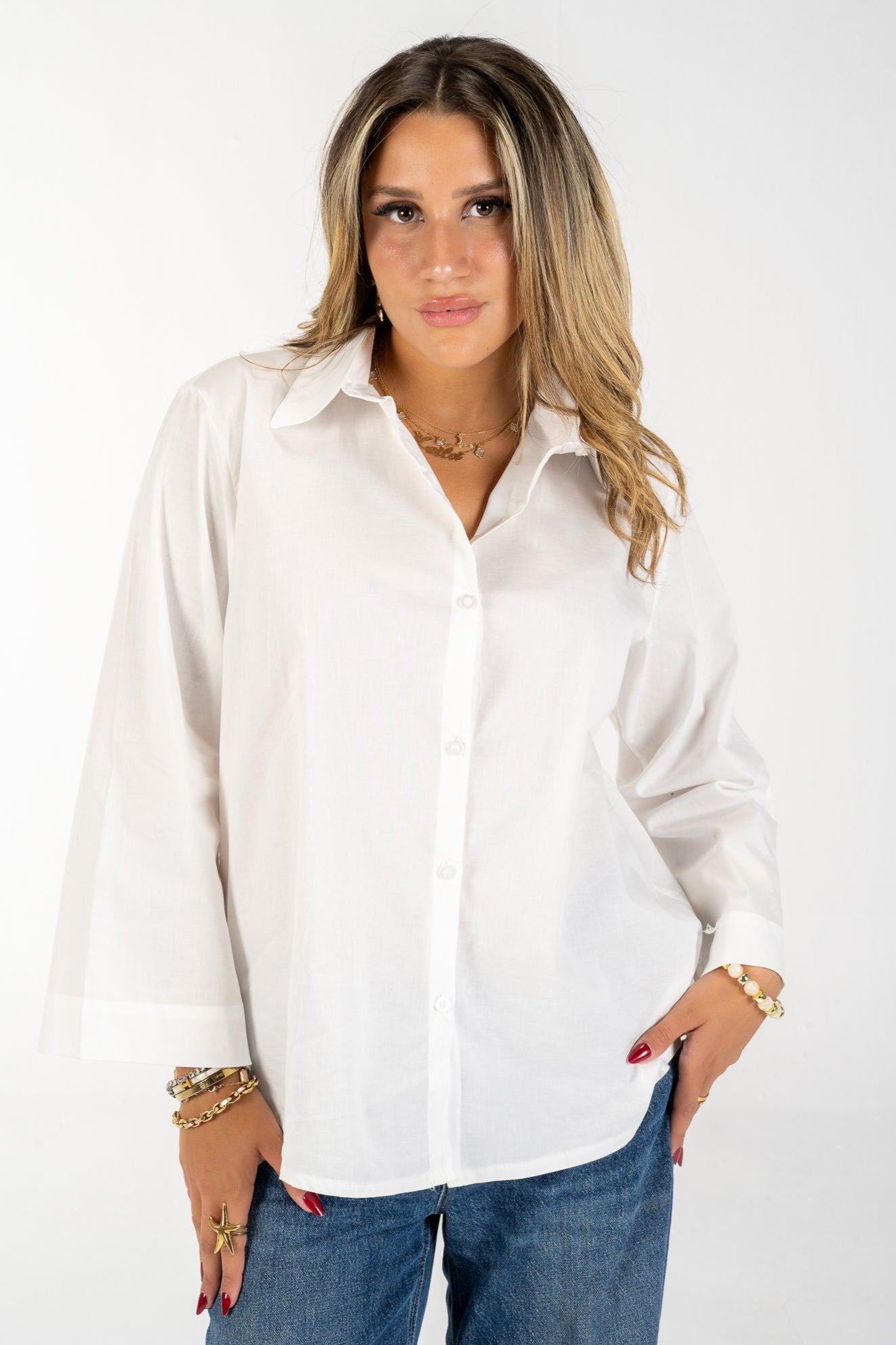 Relaxed Buttoned-Up Shirt with Bell Sleeves (White)