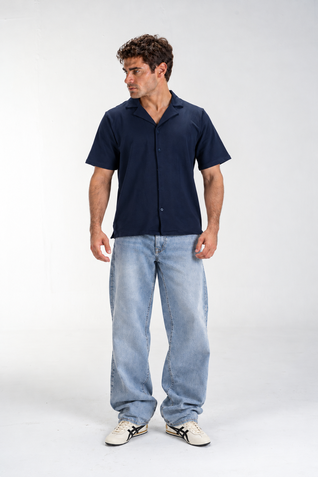 Casual Button-Up Shirt (Navy Blue)