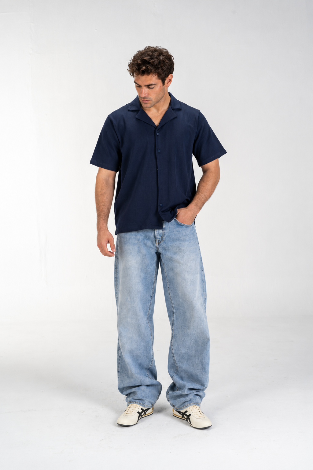 Casual Button-Up Shirt (Navy Blue)